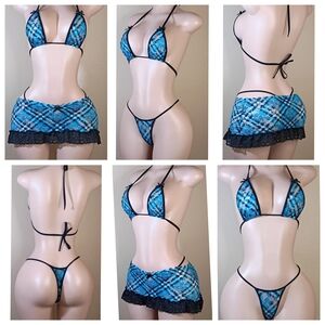 Stylish Blue Plaid Custom Skirt Lingerie Set